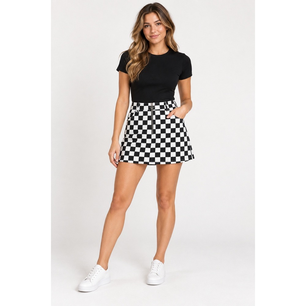 Gezour Black White Checkered Mini Skirt Front Zip O-Ring Skater Punk Large